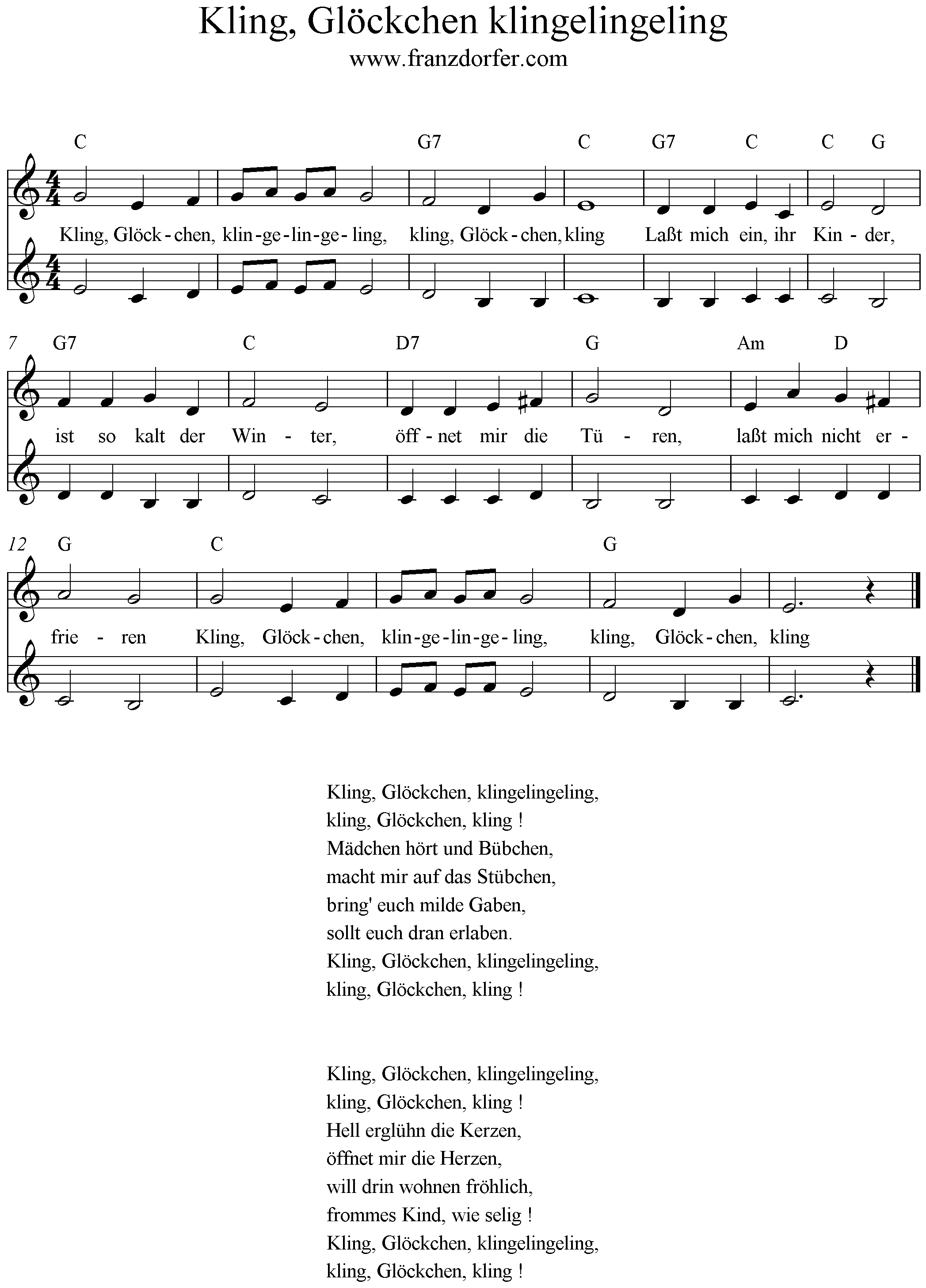 Noten Kling Glöckchen klingelingeling 2stimmig